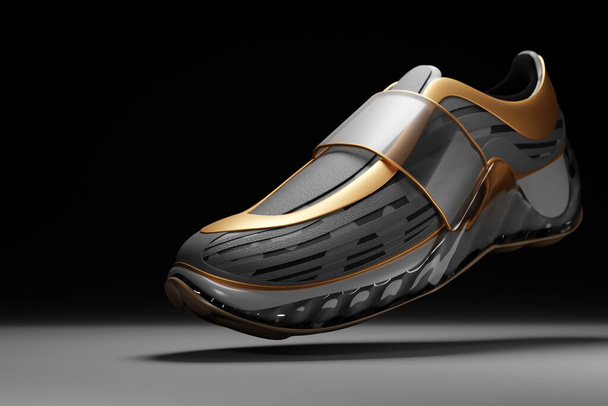 Siyah arka plan, moda spor ayakkabıları, 3D çizimler için siyah ve altın renkli spor ayakkabıları ve haki rengi. - Fotoğraf, Görsel