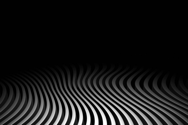 3D illusztráció egy sztereó fekete csík. A hullámokhoz hasonló geometriai sávok. Absztrakt kék ragyogó határvonal minta - Fotó, kép