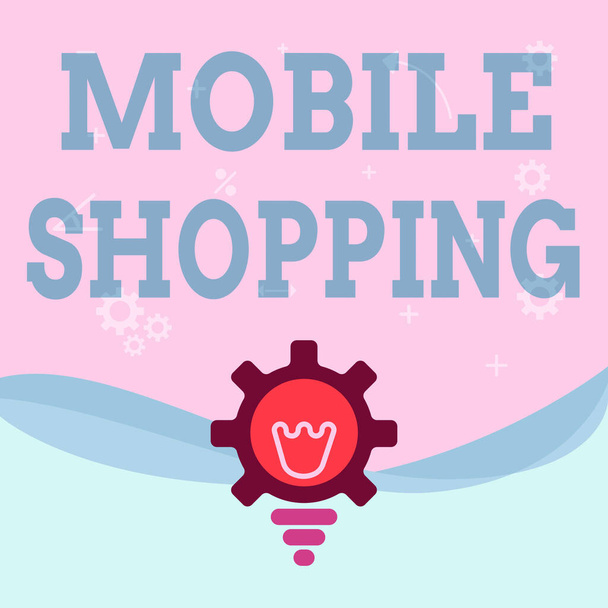 Tekstiteksti esittää Mobile Shopping. Internet Concept Ostaminen ja myyminen tavaroiden ja palvelujen kautta mobiili valaistu lamppu vaihteisto Shell Näytetään Technology Ideat. - Valokuva, kuva