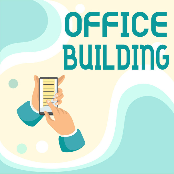 Tekstitys esittää Office Buildingin. Liiketoiminta-ajatus Liikerakennuksia käytetään kaupallisiin tarkoituksiin Tiivistelmä Viesti verkossa, Global Connectivity Concepts - Valokuva, kuva