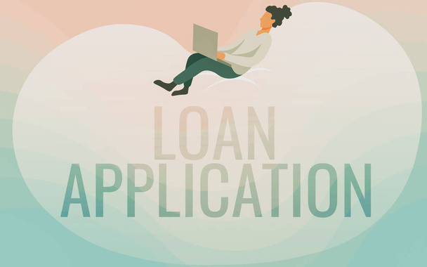Hand writing sign Loan Application. Business overview Document that provides financial information about borrower Lady Drawing Sitting Back On A Large Bean Bag Using Laptop. - Photo, Image