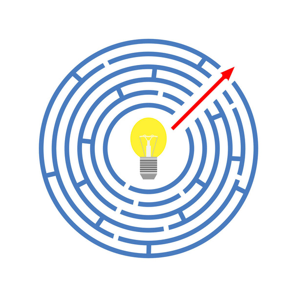 Round maze with arrow. Labyrinth and glowing bulb inside. Vector illustration, drawing and clipart. Editable template. - Vector, Image