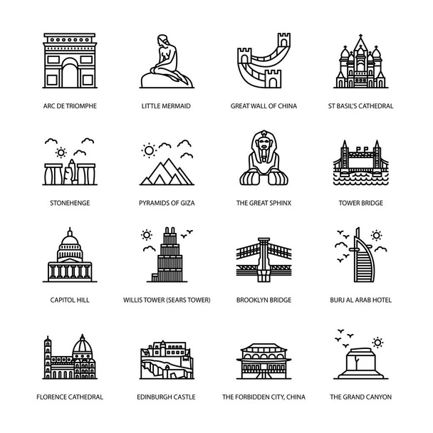Iconos del contorno de los hitos mundiales - Acariciado, Vectores - Vector, Imagen