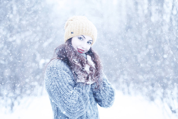 Όμορφο κορίτσι σε ένα πάρκο χιόνι του χειμώνα όμορφη μέρα - Φωτογραφία, εικόνα