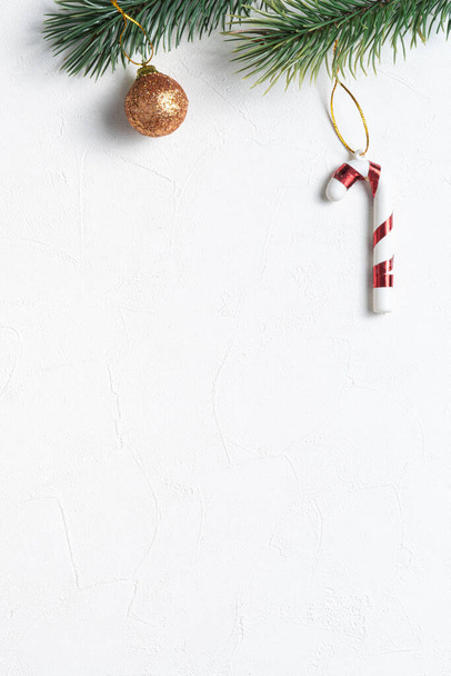 Top view of Christmas decorations background on white table background with copy space, concept of holiday celebration. - Fotoğraf, Görsel