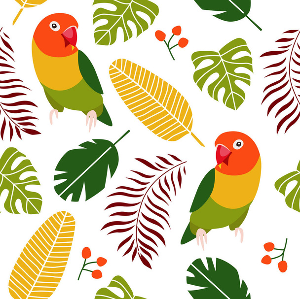 Print. Vector seamless tropical background with parrots. Tropical plants. Tropical birds. Tropical pattern - Vektor, Bild