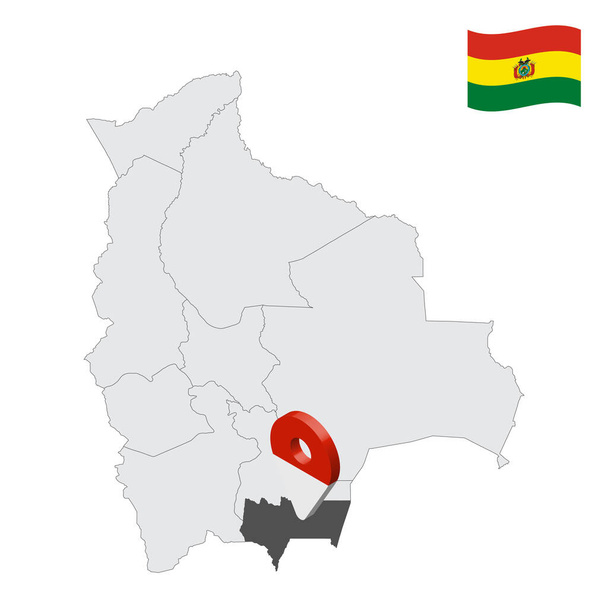 Ubicación Tarija departamento en el mapa Bolivia. 3d signo de ubicación similar a la bandera de Tarija. Mapa de calidad con Departamentos de Bolivia para su diseño. EPS10 - Vector, imagen