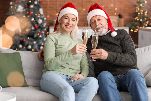 Happy mature couple drinking champagne at home on Christmas eve - Photo, image