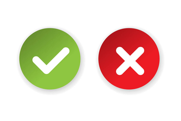 Tick and cross signs. Green checkmark OK and red X icons vector. Circle symbols YES and NO button for vote, decision, web, logo, app, UI. illustration. - Vector, Image