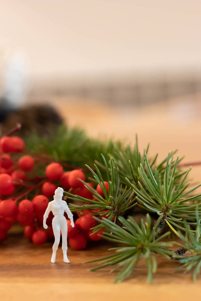 Figura de juguete femenino blanco con fondo navideño - Foto, Imagen
