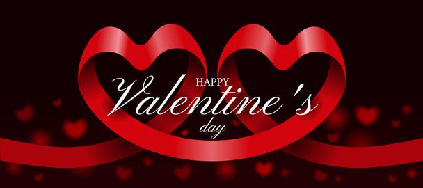 Glücklicher Valentinstag - rote Schleifenrolle macht Zwillingsherzform auf dunklem Hintergrund mit Herz-Bokeh und rotem Licht-Textur-Vektor-Design - Vektor, Bild