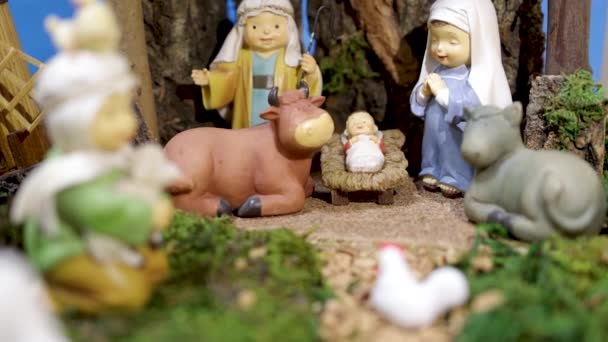 Christmas Belen, Nativity scene,creche with Joseph Mary and Jesus, zoom in - Footage, Video