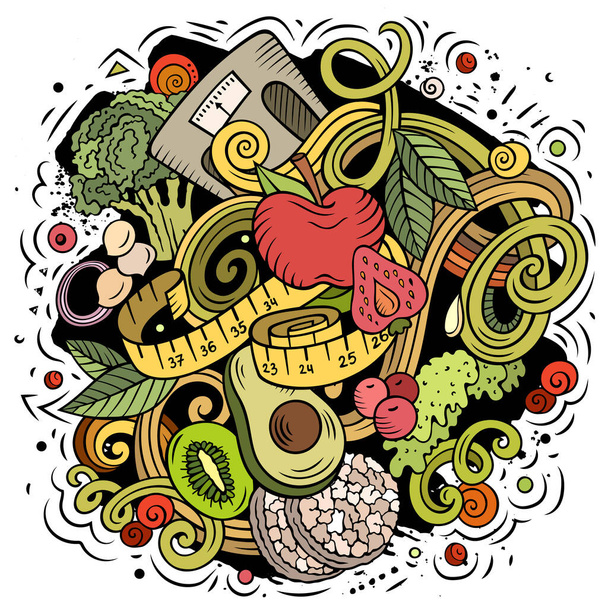 Desenhos animados vetor doodles Dieta ilustração alimentar. Colorido, detalhado, com muitos objetos de fundo. Todos os objectos separados. Cores brilhantes imagem engraçado dietético - Vetor, Imagem