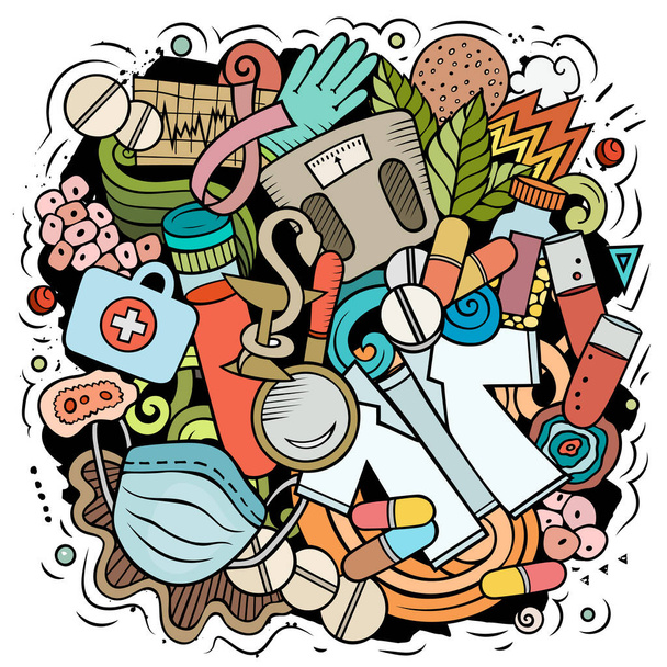 Médecine dessin animé vecteur conception de doodle. Composition détaillée colorée avec beaucoup d'objets médicaux et de symboles. Tous les articles sont séparés - Vecteur, image