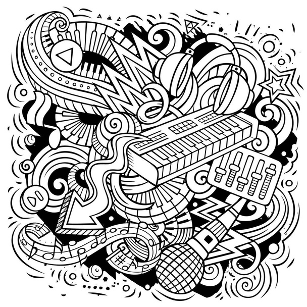 Cartoon vector doodles Disco illustrazione musicale. Linea d'arte, dettagliata, con un sacco di oggetti di sfondo. Tutti gli oggetti sono separati. Quadro musicale divertente - Vettoriali, immagini