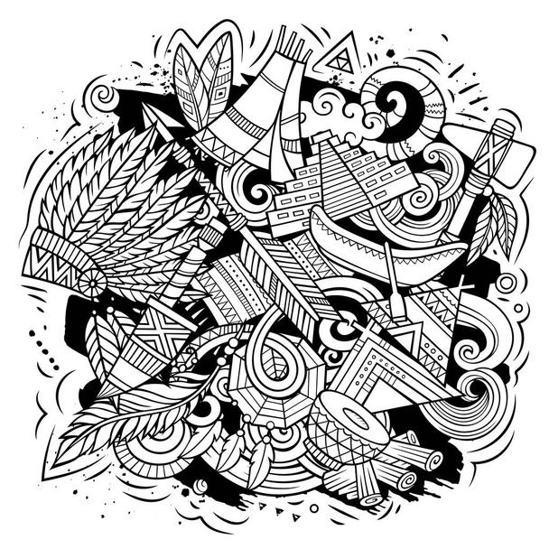 Desenho de doodle vetor de desenho animado nativo americano. Composição detalhada esboçada com muitos objetos e símbolos étnicos. Todos os itens são separados - Vetor, Imagem