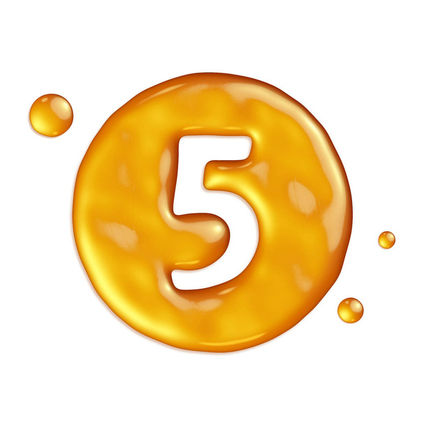 conjunto de números 3d hechos de miel, ilustración 3d, cinco - Foto, Imagen