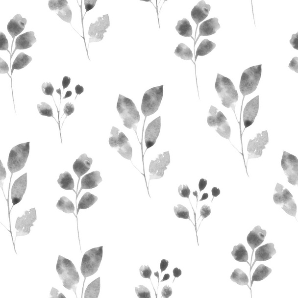 Schattig naadloos patroon met malse monochrome takken op witte achtergrond. Botanische aquarel patroon. - Foto, afbeelding