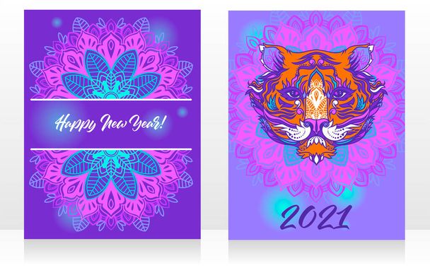 Greeting cards for chinese 2021 new year with tiger and ornaments, trendy violet palette, vector illustration - Vector, afbeelding
