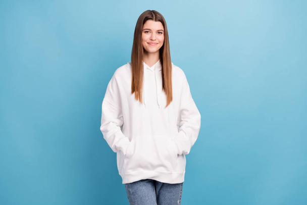 Photo portrait girl smiling wearing white clothes isolated pastel blue color background - Φωτογραφία, εικόνα