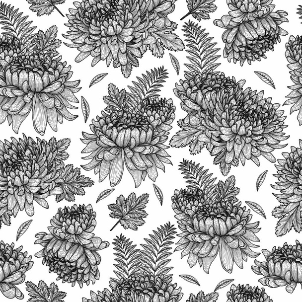  Patrón vectorial inconsútil con flores y hojas de crisantemo lineal gráfico - Vector, imagen