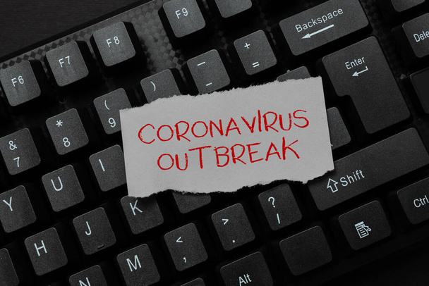 Konzeptionelle Anzeige Coronavirus Ausbruch. Konzept bedeutet Infektionskrankheiten, die durch neu entdeckte COVID19 Abstract Typing Produktdokumentation verursacht werden, Erstellung eines brandneuen Buches - Foto, Bild