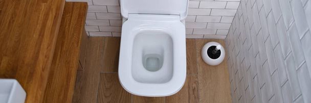 Bílá čistá keramická toaleta se stříbrným tlačítkem na stěně detailní up - Fotografie, Obrázek