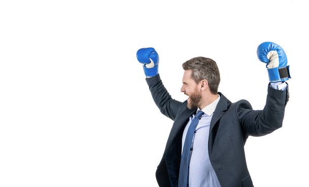 Oddanost úspěchu. Profesionální muž zvedne ruce v boxerských rukavicích. Obchodní úspěch - Fotografie, Obrázek