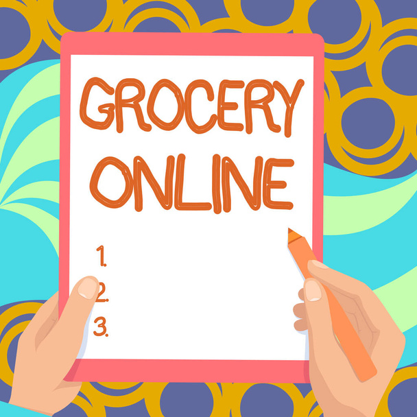 Conceptual display Grocery Online. Business approach digital version of supermarket accepting online ordering Drawing Of Both Hands Holding Tablet Lightly Presenting Wonderful Ideas - Photo, Image