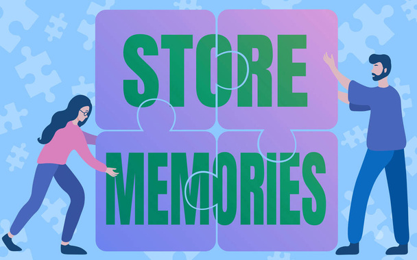 Ручная надпись Store Memories. Бизнес-концепция - это процесс ввода и хранения данных, ранее приобретенных Коллегами, собирающими воедино четыре части головоломки. - Фото, изображение