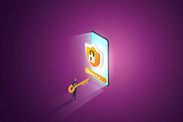 Hacker κρατώντας ένα κλειδί με ξεκλειδώσετε την προστασία smartphone Κίνδυνος των επιθέσεων χάκερ σε απευθείας σύνδεση παραβίαση δεδομένων ή κλοπή προσωπικών πληροφοριών. Μωβ φόντο. ισομετρική διανυσματική απεικόνιση. - Διάνυσμα, εικόνα