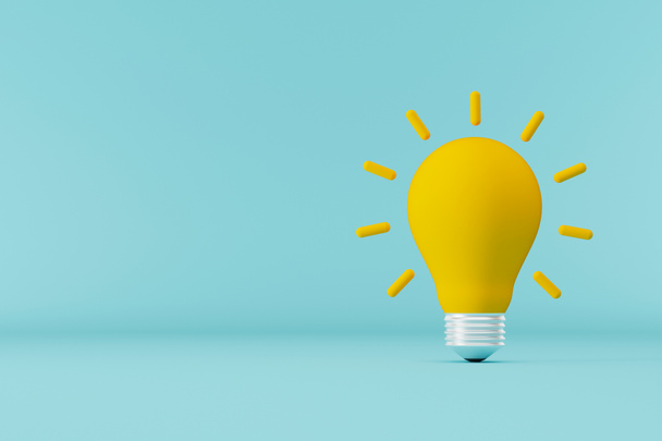 シアンを背景に電球の黄色。創造的なアイデアと革新の概念。3Dイラスト - 写真・画像