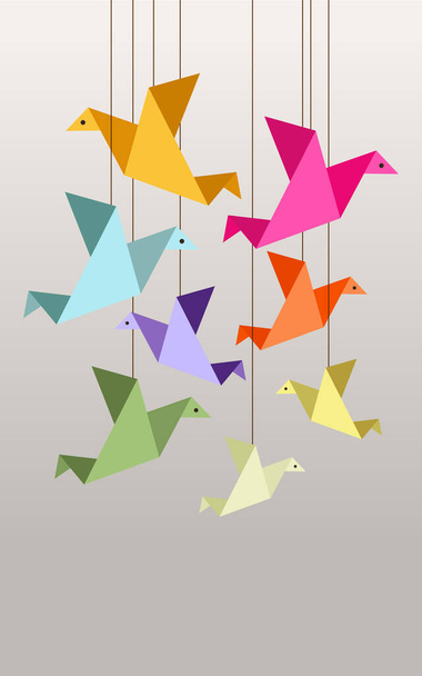 色付きの折り紙鳥のセットとイラスト - ベクター画像