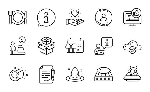 Business icons set. Included icon as User info, Employees talk, Hold heart signs. Fuel energy, Like video, Packing boxes symbols. Cloud computing, Restaurant food, Christmas calendar. Vector - Vektor, obrázek