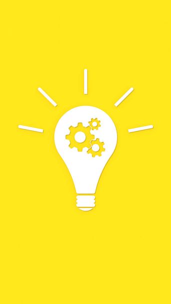 White glowing light bulb with shadow on yellow background. Illustration of symbol of idea. Vertical image. Gears in light bulb. 3D image. 3D rendering - Photo, Image