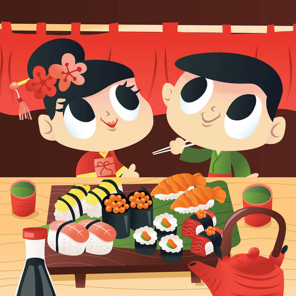 Una ilustración vectorial de dibujos animados de una chica de kimono japonesa súper linda y un niño comiendo en un restaurante de sushi japonés. - Vector, Imagen