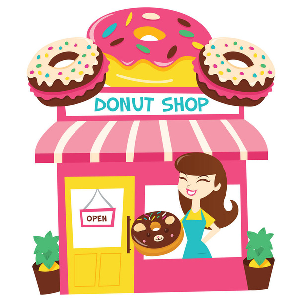 Un vector de dibujos animados ilustración de una tienda de rosquillas y tendero en la ventana. - Vector, imagen