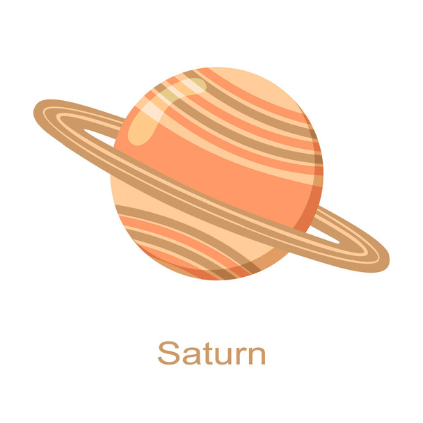Planeta Saturna z ikoną pierścieni z nazwą odizolowaną na białym tle. Wszechświatowy element Układu Słonecznego. Dzieci planetarne. Ilustracja kreskówki wektor - Wektor, obraz