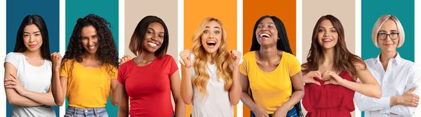 Different real feminine emotions of millennial international ladies on colorful background. Gestures and signs - Photo, Image