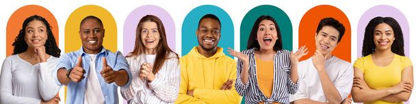 Collage van vrolijke, pensive, gelukkig, succesvol en verrast jonge diverse mensen op kleurrijke achtergrond - Foto, afbeelding