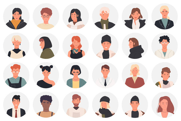 Awatary ikon różnych młodych lub starszych ludzi, okrągłe awatary profilowe z portretami - Wektor, obraz