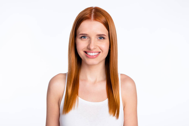 Photo of cheerful ginger hairdo lady wear white top isolated on bright color background - Fotografie, Obrázek