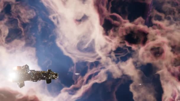 Deep Space Exploration concept. Side view Spaceship flying through nebula or galaxy clouds. Seamles loop, 3d render. - Footage, Video