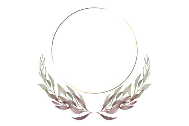 Illustration of abstract logo background with branches and a circle in gold - Фото, изображение
