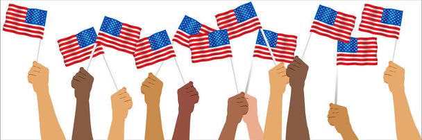 Группа людей держит американские флаги. Американские повстанцы на демонстрации. Руки поднимают американские флаги. Плоская иллюстрация плоский дизайн. Изолированный на белом фоне. - Фото, изображение