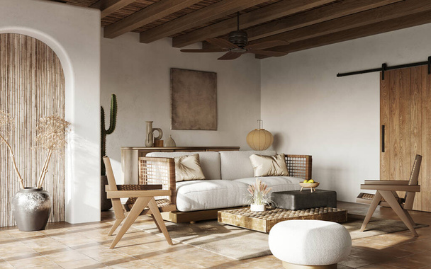 Stilvolles Wohnzimmerinterieur mit Designermöbeln, eleganten Accessoires und Bambusdecke, 3D-Render  - Foto, Bild
