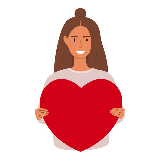 Illustration vectorielle plate d'une femme souriante tenant un grand cœur. Le concept de soins, de soutien, d'amour, de charité Conception isolée sur fond blanc. - Vecteur, image