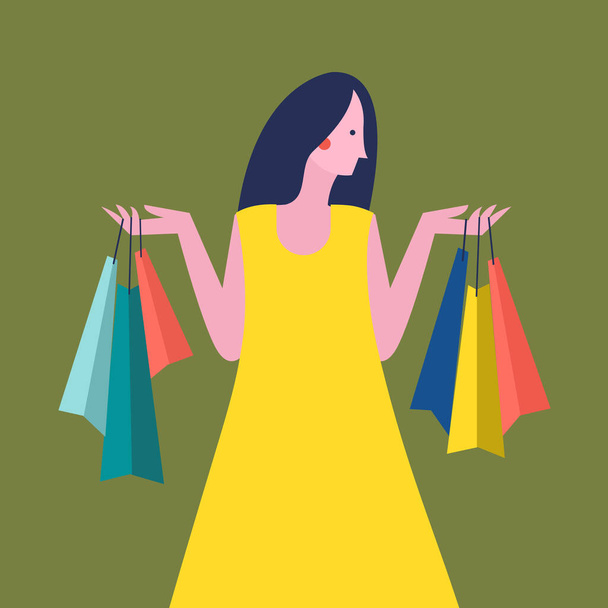 Çantalı alışveriş kadını, vektör çizimi - Vektör, Görsel