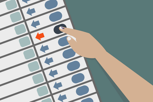 Χέρια ρίχνει ψηφοφορία σε ένα ηλεκτρονικό μηχάνημα ψηφοφορίας - Διάνυσμα, εικόνα