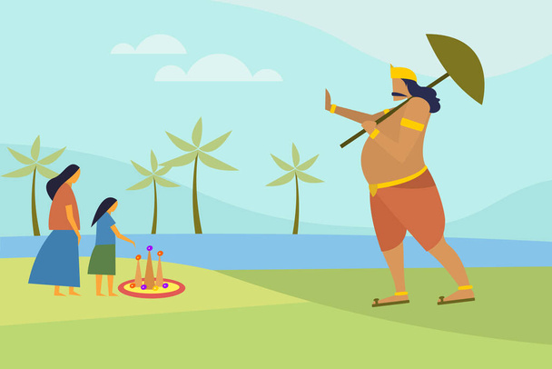 King Mahabali gives blessing to small kids, Concept for Onam festival of Kerala, India. - Vector, Image